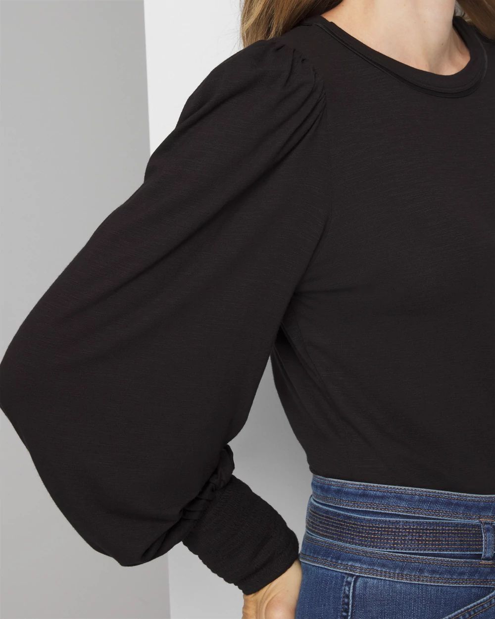 Crushed Smocked Sleeve White Crew Neck main image 0